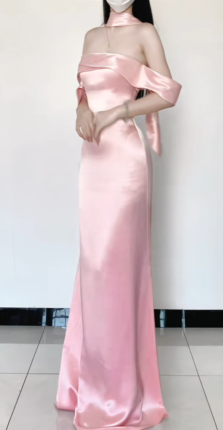 Chic Pink Bridesmaid Dress Off-shoulder Sheath Satin Long Formal Dress EW07862