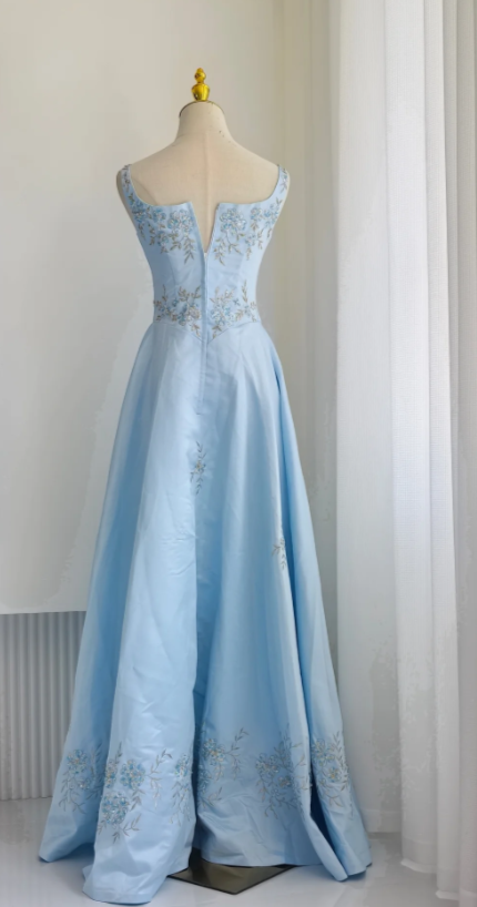 Robe longue de soirée en satin ornée de perles, ligne A, bretelles fines, pour invitée de mariage, couleur bleue chic EW07880