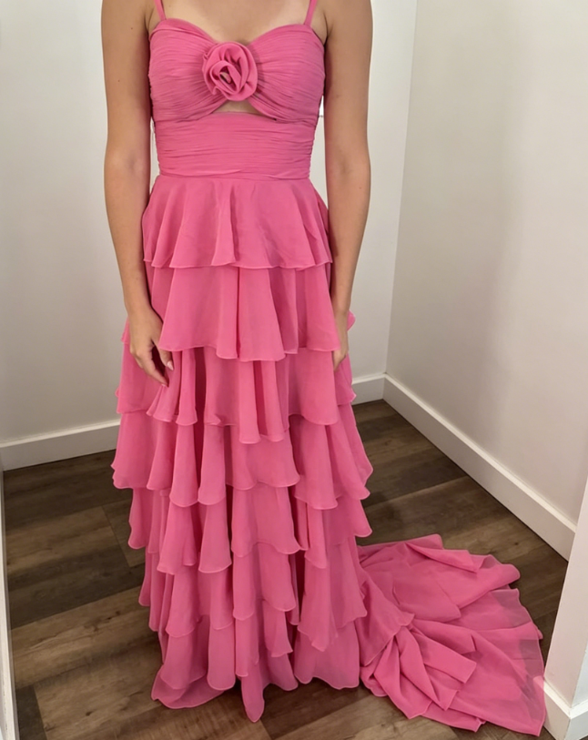 Robe de soirée élégante rose pour invitée de mariage, bretelles spaghetti, fourreau en mousseline, longue EW07884