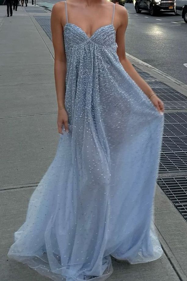 Blaues Kleid für Hochzeitsgäste, Spaghettiträger, A-Linie, langes Abendkleid, Tüll, formelles Kleid EW0802