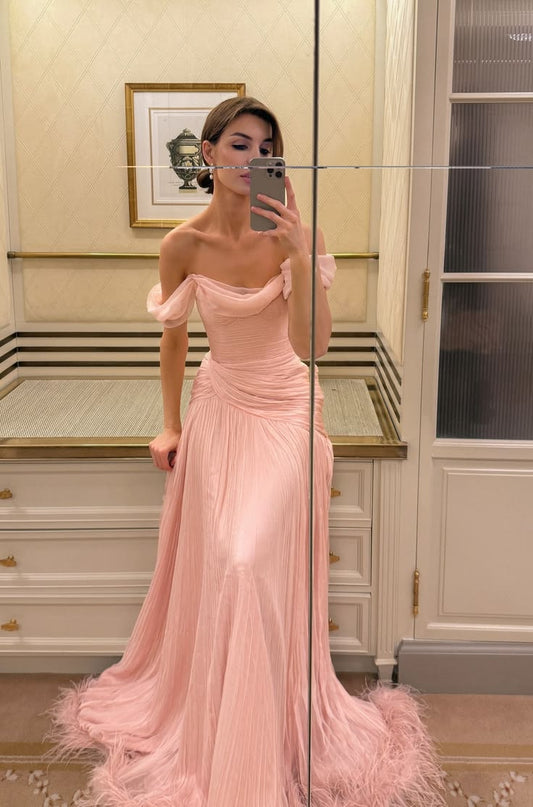 Yellow Wedding Guest Dress Off-shoulder Sheath Chiffon Long Evening Dress EW0808