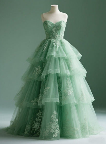 Gorgeous Sweetheart Neck A-Line Tulle Long Prom Dresses, Sweet Green 16 Dress EW087