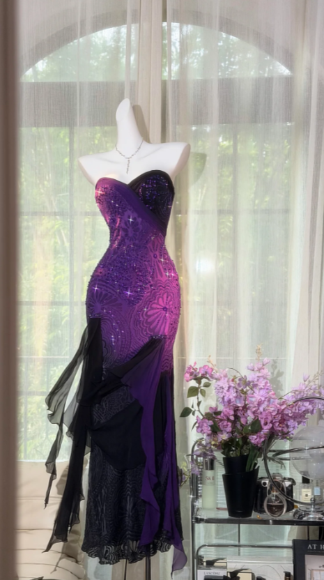 Sweetheart Sheath Chiffon Long Evening Dress Beaded Formal Dress Romantic Purple Prom Dress EW08945