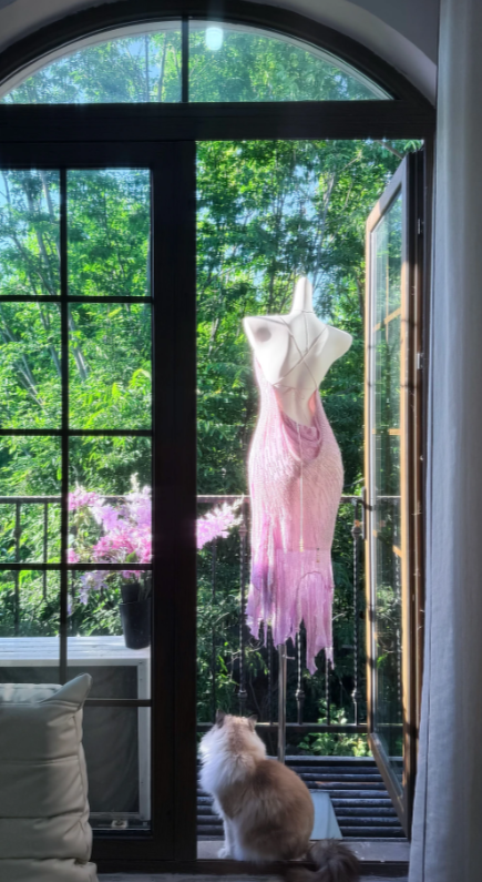 Robe longue de soirée en mousseline fourreau à fines bretelles, ornée de perles, dos nu, robe de bal rose romantique EW08946