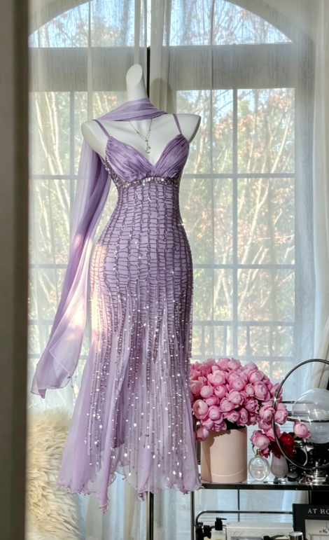 Spaghetti Straps Sheath Chiffon Long Evening Dress Beaded Formal Dress Romantic Navy Blue Prom Dress EW08948