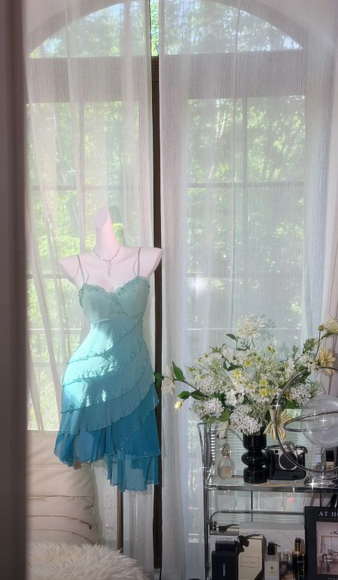Fairy Blue Short Prom Dress Spaghetti Straps Cocktail Dress Sheath Chi   EvaFashionDress