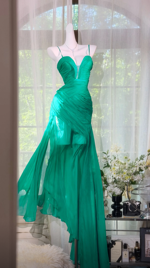 Chic Spaghetti Straps Sheath Chiffon Long Evening Dress Green Prom Dress EW08954