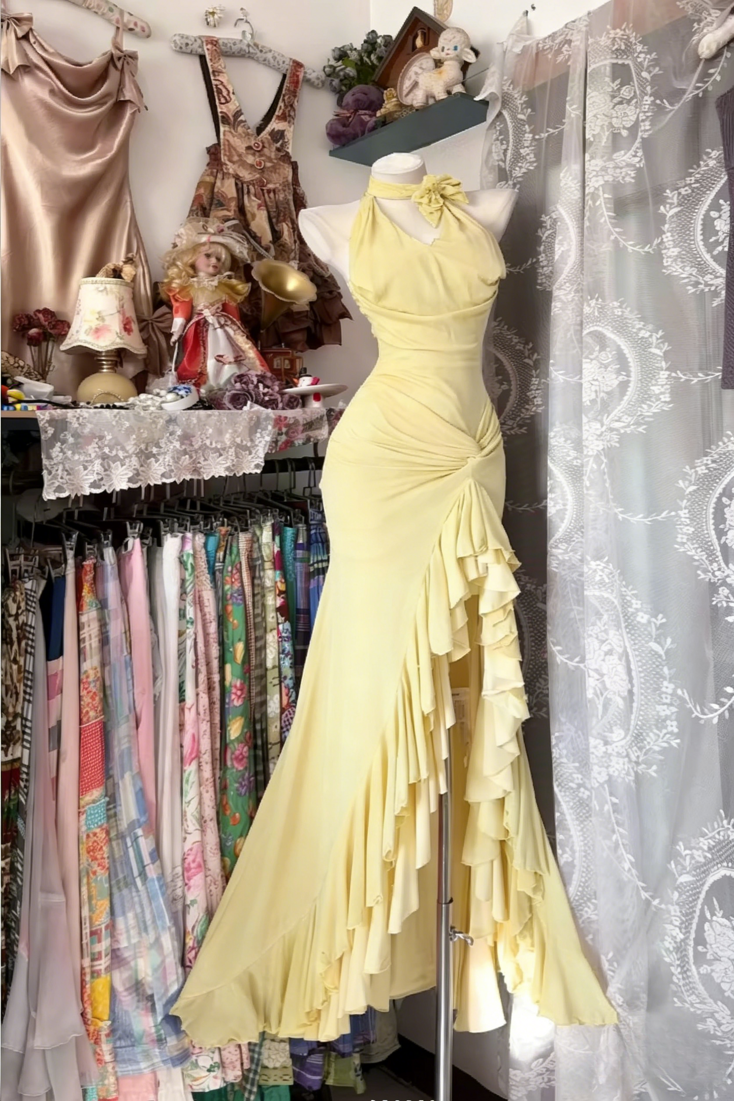 Halter Sheath Yellow Prom Dress with Slit