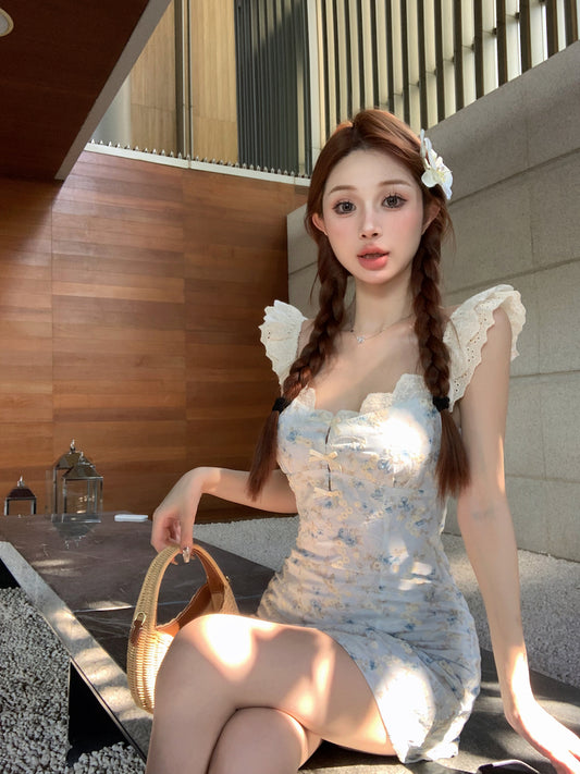 French blue floral A-line V-neck dress ED0807