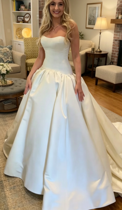 Satin Wedding Dress A-Line White Bridal Gown Sleeveless Strapless Bridal Dress WD0105