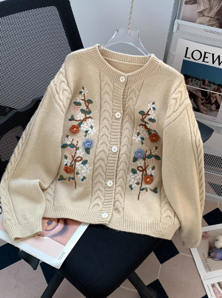 Retro twisted round neck embroidered cardigan ED0105