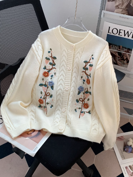 Retro twisted round neck embroidered cardigan ED0105