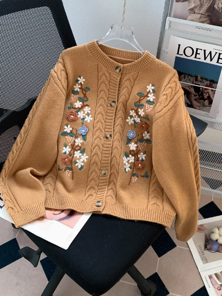 Retro twisted round neck embroidered cardigan ED0105
