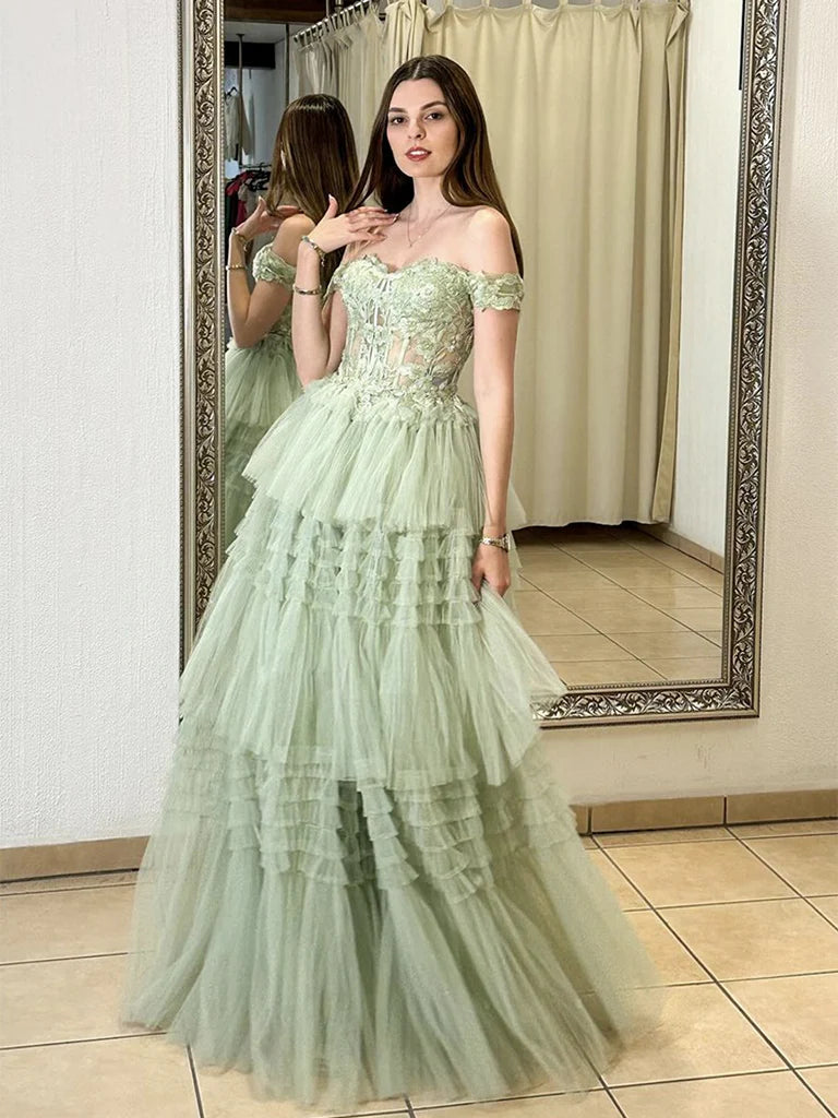 Green A-Line Sweetheart Neck Off Shoulder Tulle Lace Long Prom Dress,Formal Evening Dress ED01279