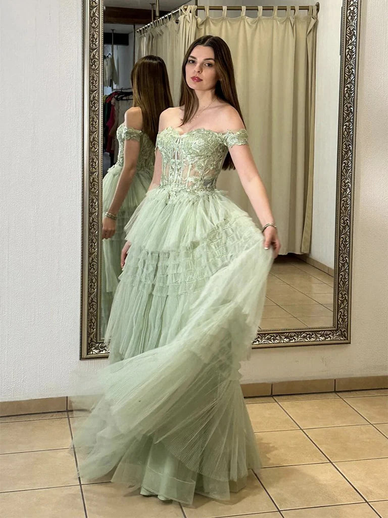 Green A-Line Sweetheart Neck Off Shoulder Tulle Lace Long Prom Dress,Formal Evening Dress ED01279