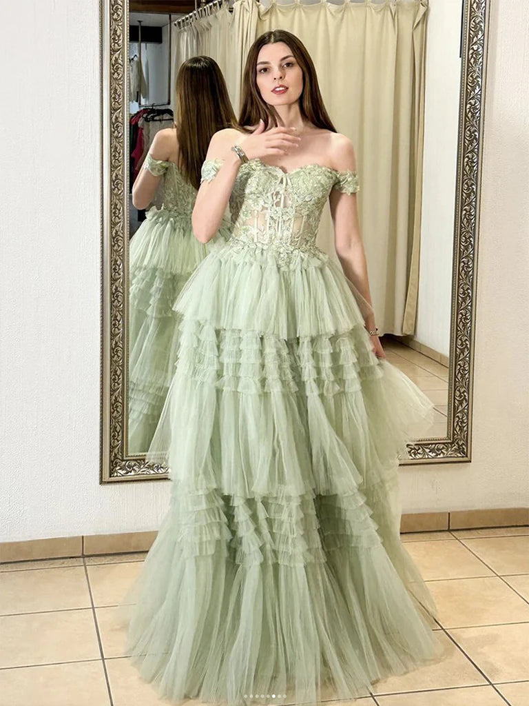 Green A-Line Sweetheart Neck Off Shoulder Tulle Lace Long Prom Dress,Formal Evening Dress ED01279