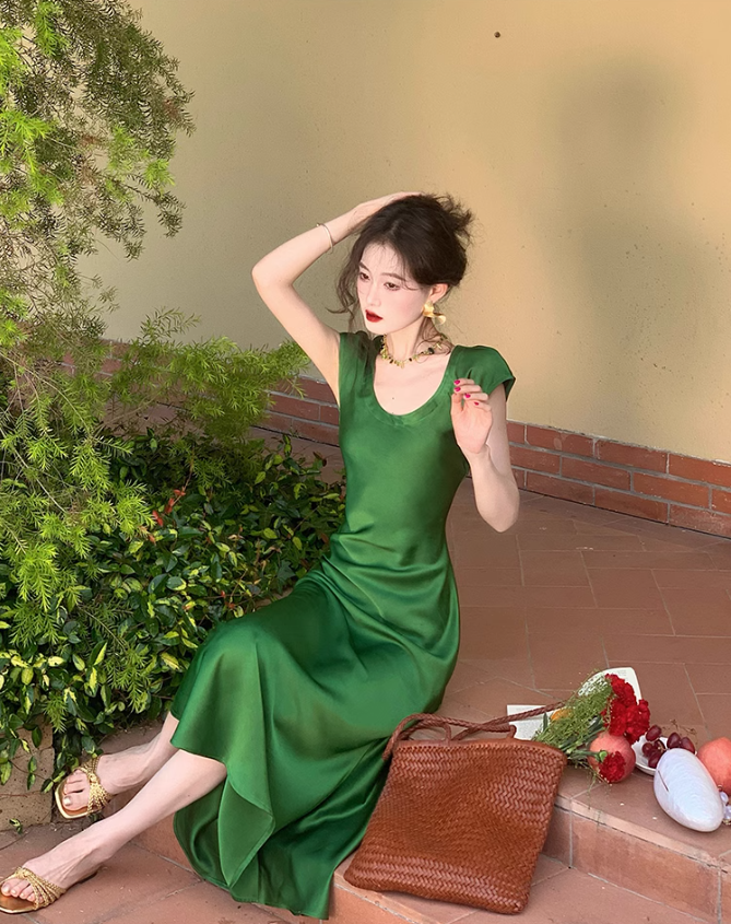 French exquisite waist satin slim fishtail temperament long skirt ED0133