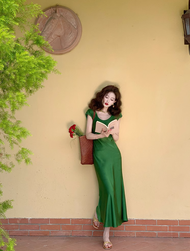 French exquisite waist satin slim fishtail temperament long skirt ED0133