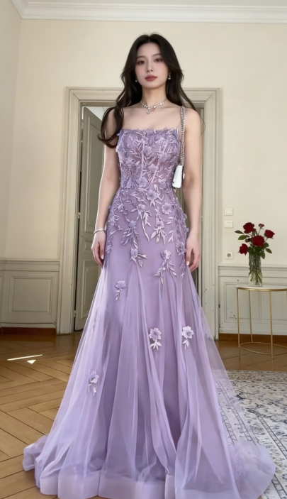 Elegant Blue Tulle A-Line Spaghetti Strap Appliqué Long Prom Dress Evening Dress ED01799
