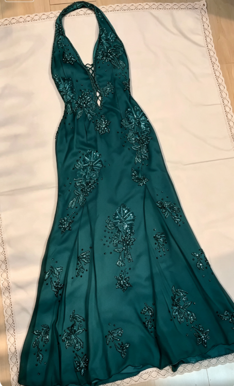 Vintage Blue V-neck Chiffon Mermaid Gown - Glitter Beading & Sequined Backless Evening Dress ED01928