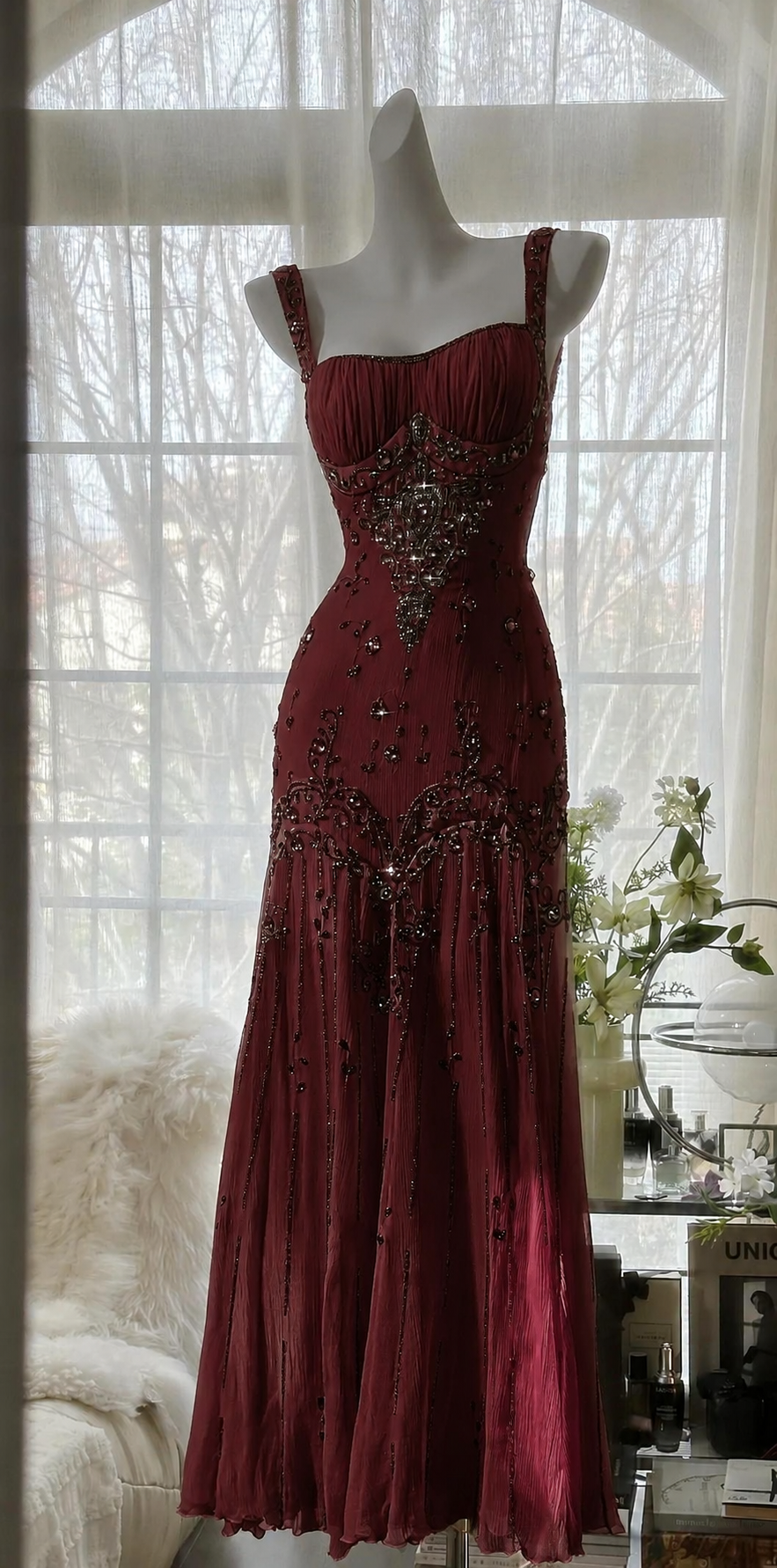 Elegant Spaghetti Straps Apricot Beaded Chiffon Mermaid Gowns Vintage Backless Prom Dress ED01970