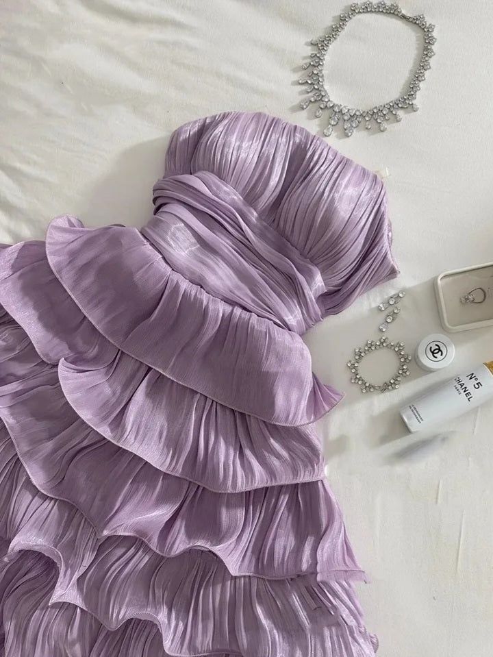 Elegant Purple Strapless A-Line Chiffon Short Party Dress Sweetheart Evening Gowns ED02911