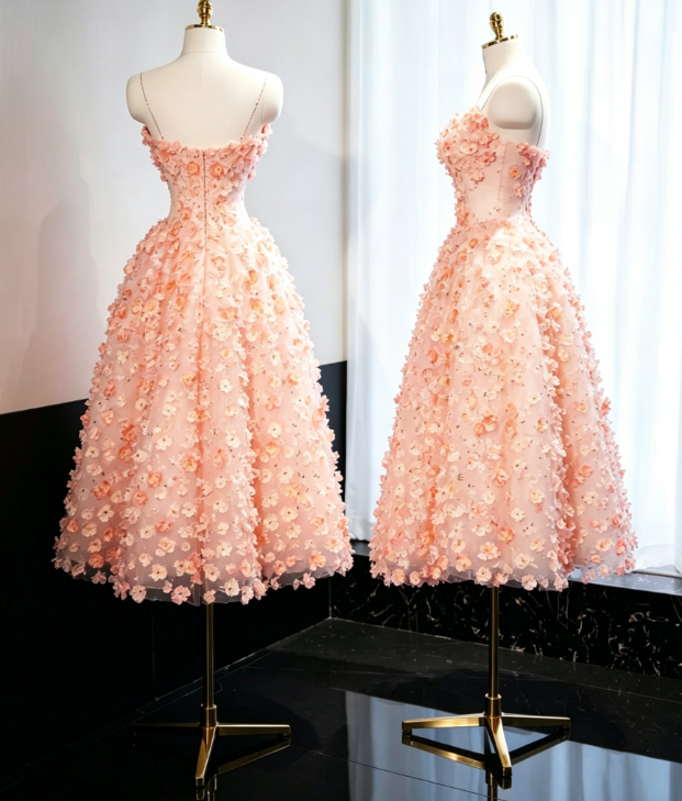 Orange Sweetheart A-Line Tulle Stunning Prom Dresses with 3D Appliques Sweet 16 Dress ED03061