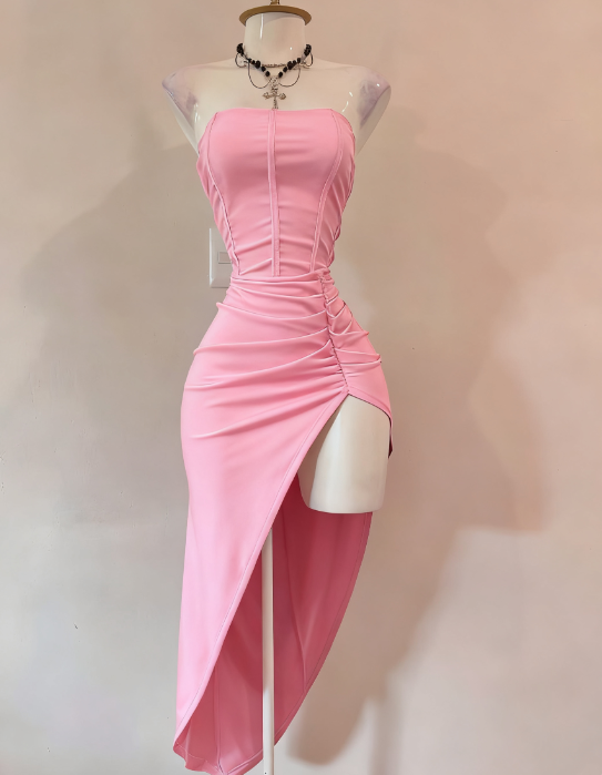 Elegant Burgundy Strapless Party Dress Bodycon Satin Short Evening Gowns Sexy Birthday Dresses ED03209