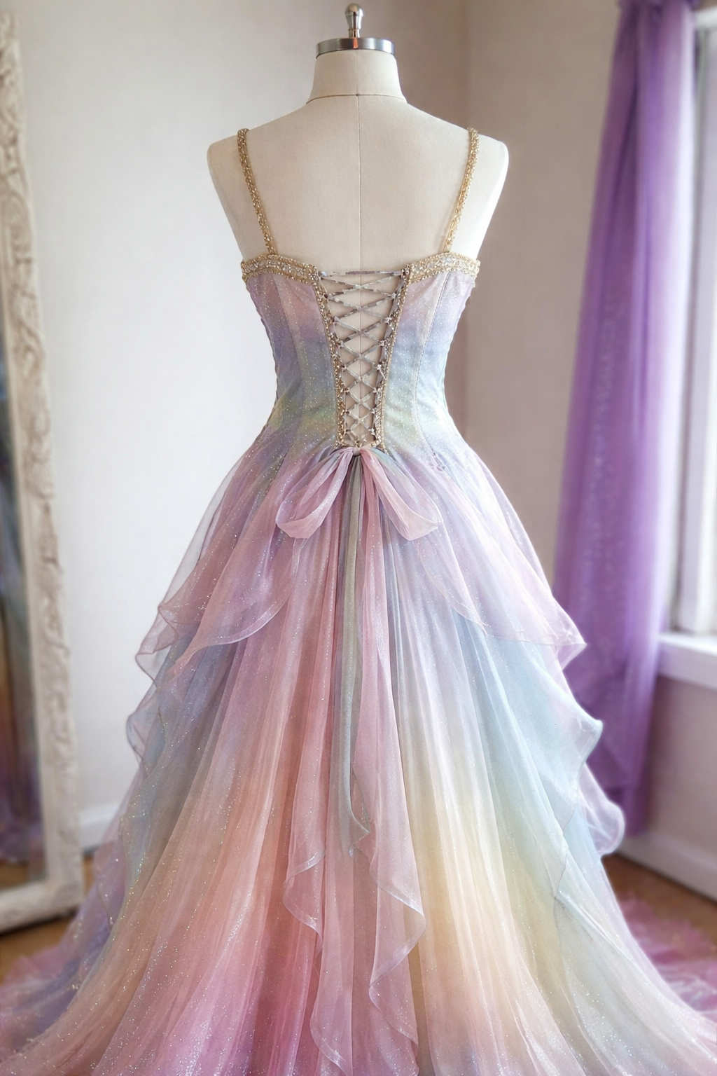 Gorgeous Colorful Spaghetti Strap A-Line Tulle Long Prom Dresses, Stunning Glitter Wedding Dresses ED03344