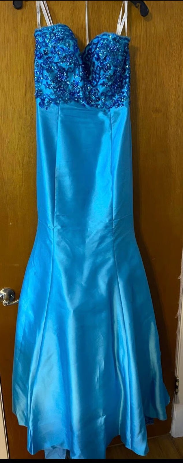 Elegant Spaghetti Strap Mermaid Long Prom Dresses Satin Blue Evening Gowns ED04686