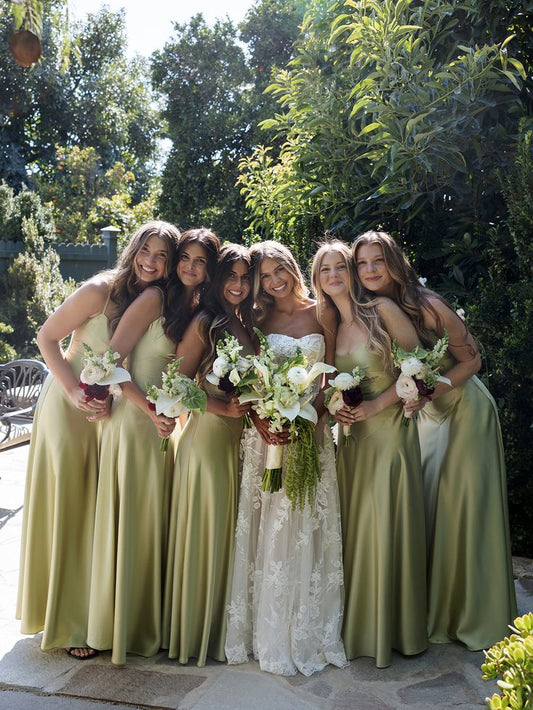 Chic Sheath Spagheti Straps Long Evening Dresses Satin Olive Green Bridesmaid Dresses ED05526