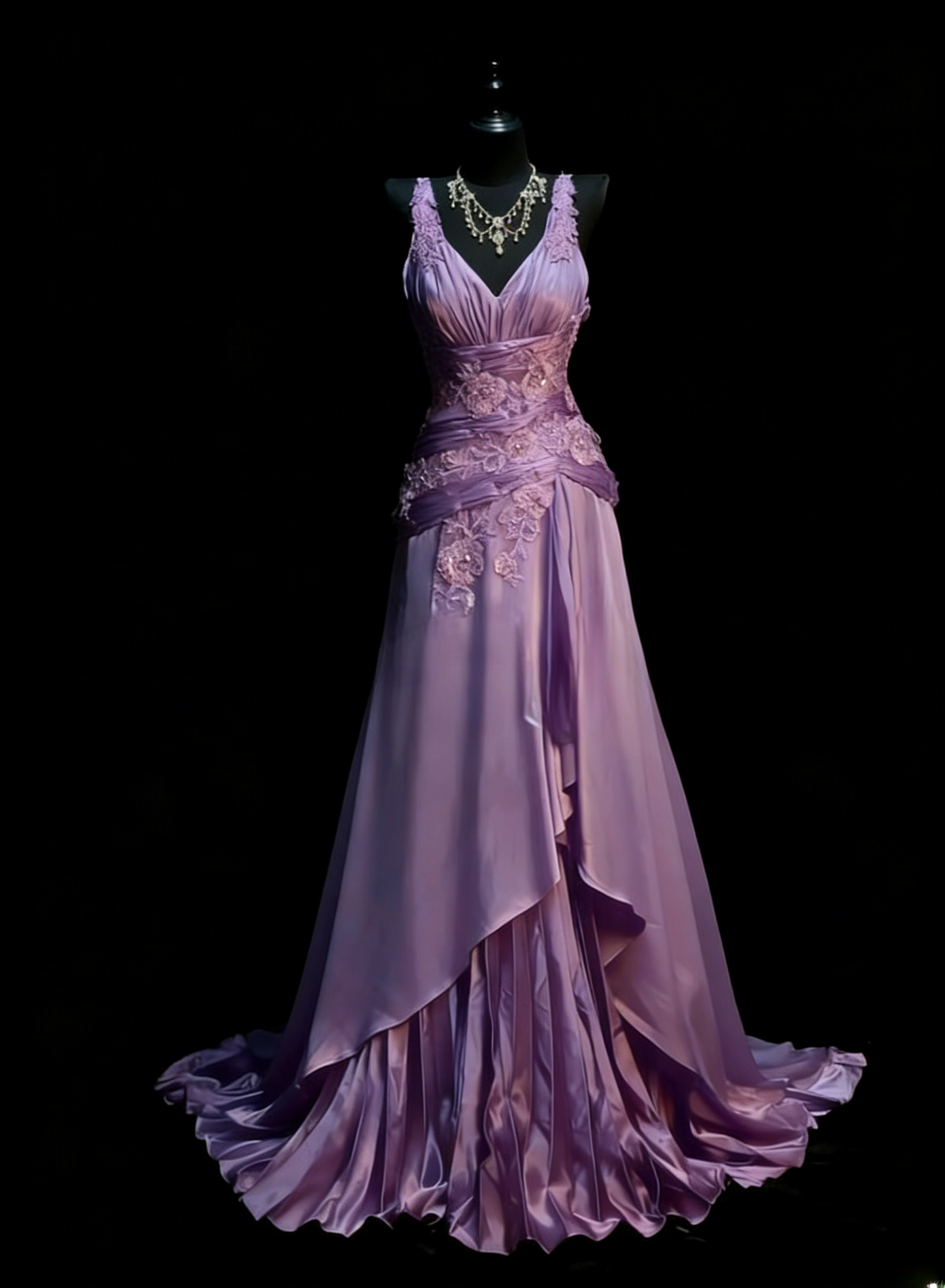 Elegant Grape Long Prom Dresses Satin V-neck A-line Evening Dresses Appliques Sleeveless Formal Dresses ED06169