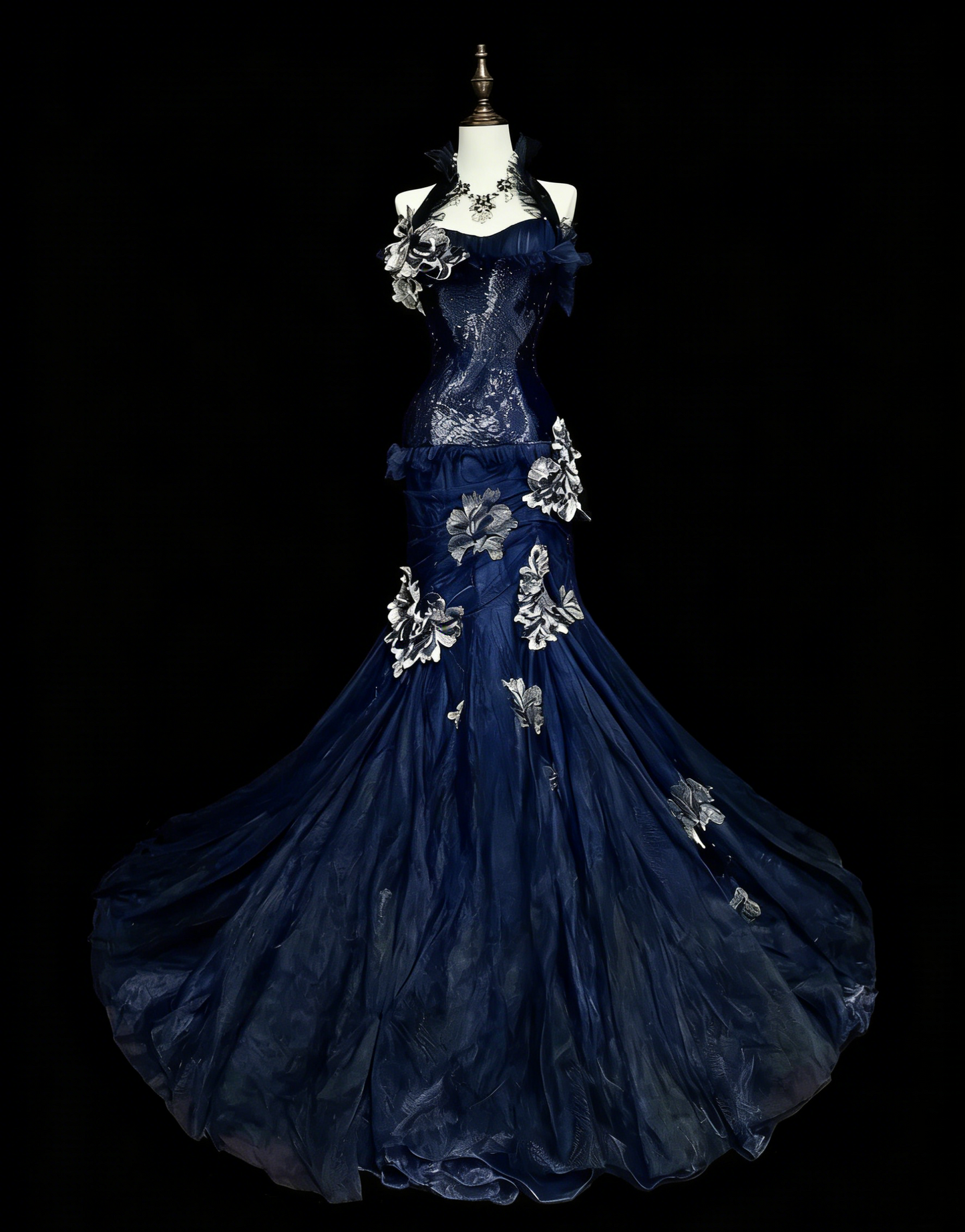 Fairy Black Long Prom Dresses Tulle Halter Mermaid Evening Dresses Applique Sleeveless Party Dresses ED06242