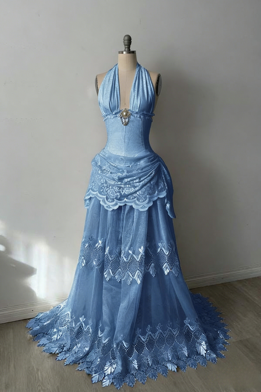 Chic Sheath Blue Long Prom Dresses Tulle V-neck Evening Dresses Sleeveless Party Dresses ED06297