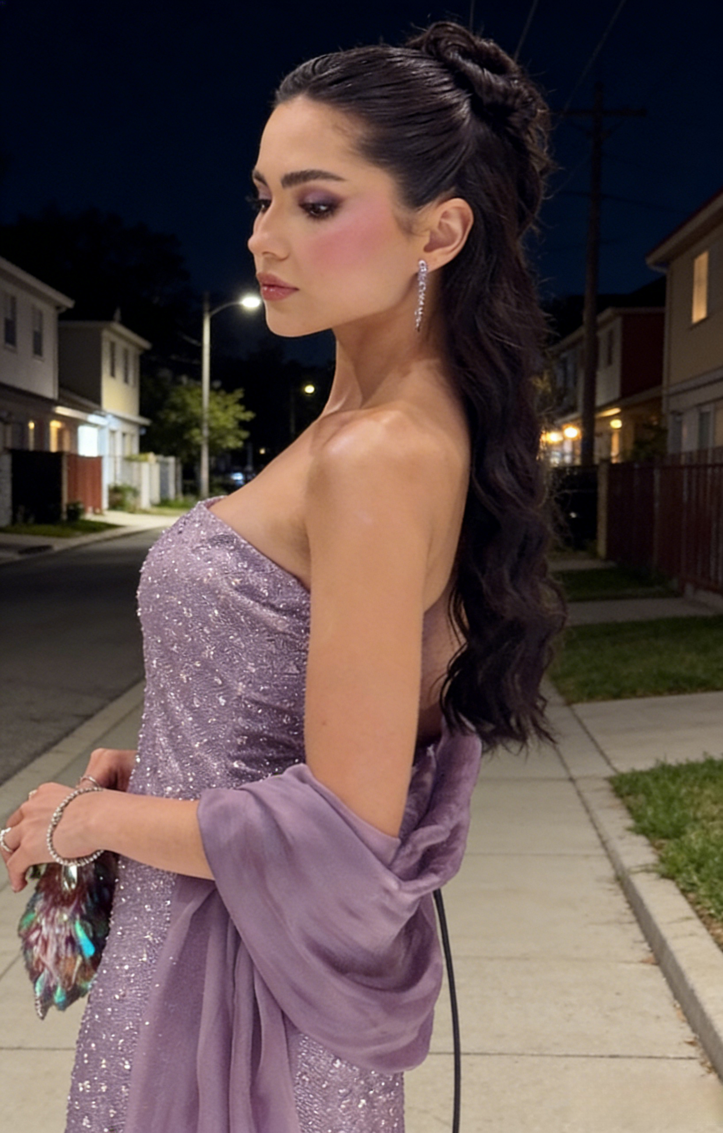 Glitter Sheath Purple Long Prom Dress Beaded Tulle Strapless Evening Dress ED06425
