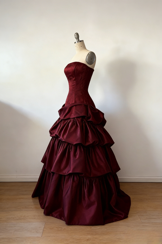 Gorgeous A-Line Burgundy Prom Dress Satin Strapless Long Evening Dress Sleeveless Birthday Dress ED06451