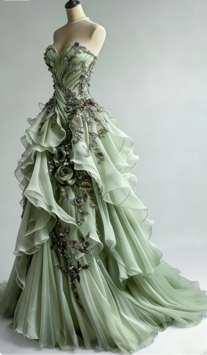 Magnifique robe de bal verte, bustier cœur, coupe trapèze, en tulle, sans manches, idéale pour un anniversaire (ED07161)