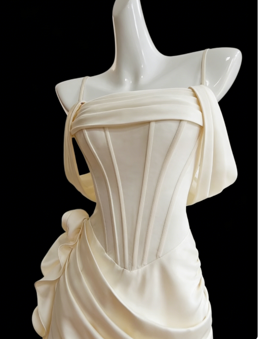 Chic Short Champagne Prom Dress Spagehtti Straps Evening Dress Sheath Satin Birthday Dress ED07180