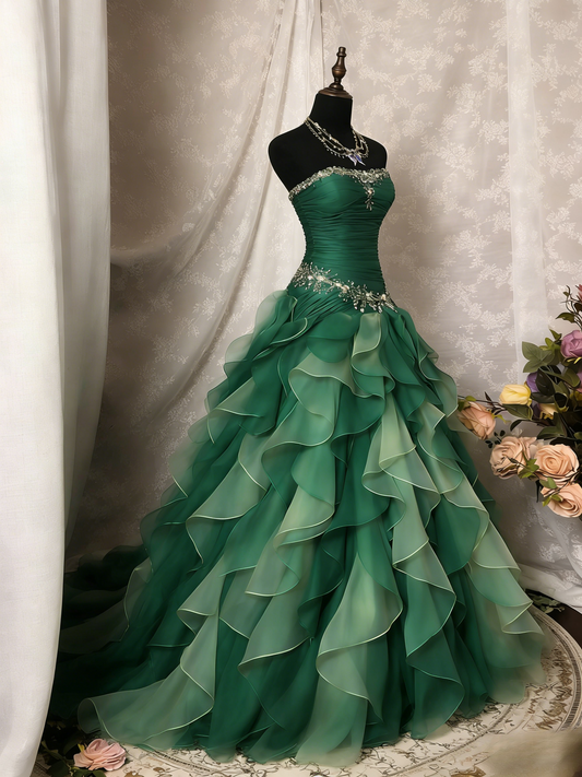 Chic Green Prom Dresses Tulle Strapless Birthday Dress A-Line Long Evening Dress ED07215