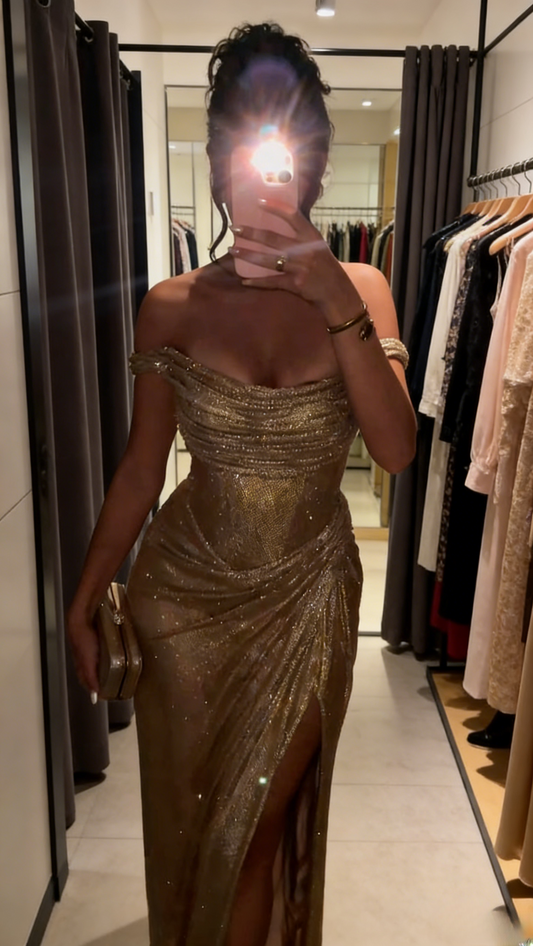 Sexy Gold Prom Dresses Sheath Long Evening Dress Off-shoulder Birthday Dress ED07218