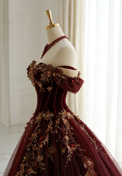 Cute Dark Red Long Prom Dress Off-shoulder Tulle A-Line Evening Dress Sleeveless Applique Sweet 16 Dress ED07322