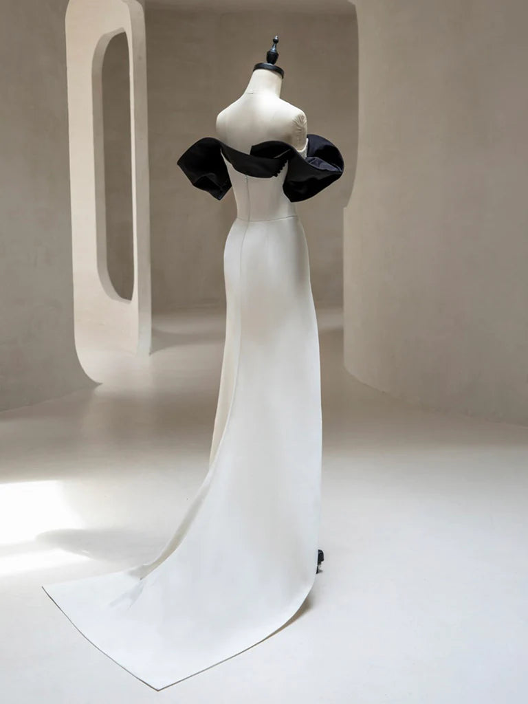 Robe de bal longue simple en satin noir/beige à épaules dénudées, robe de soirée longue noire/beige ED0752