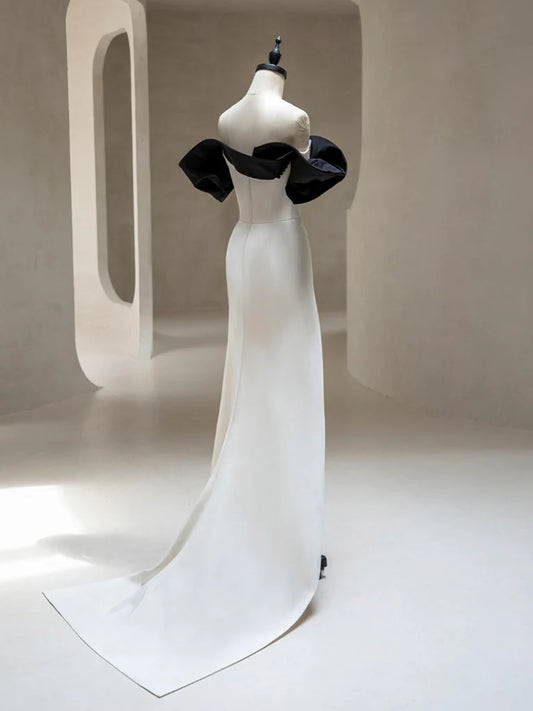 Simple Off Shoulder Satin Black/Beige Long Prom Dress, Black/Beige Long Formal Dress ED0752