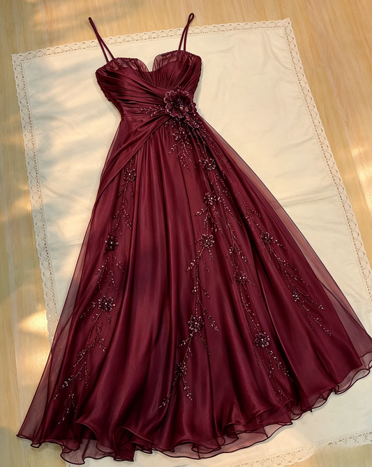 Jolie robe de soirée bleu marine, bretelles spaghetti, coupe évasée, en mousseline perlée, robe de bal longue ED08172