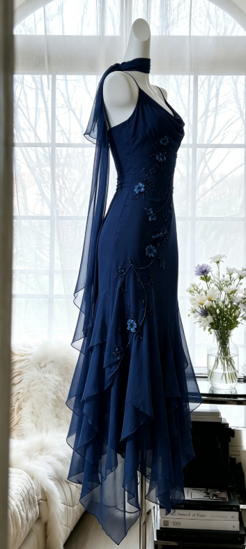 Robe de soirée féerique bleu marine avec bretelles spaghetti, fourreau en mousseline et perles ED08208