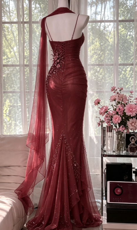 Vintage Spaghtti Straps Sheath Chiffon Beaded Long Evening Dress Red Prom Dress ED08234