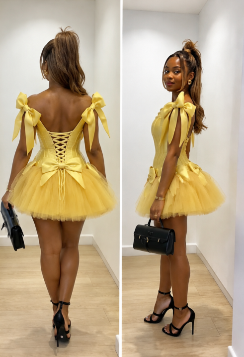 Gelbes Hoco-Kleid mit Trägern A-Linien-Kleid für den Geburtstag Satin-Kleid für die Party ED09745