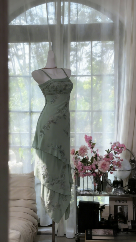 Vintage Spaghetti Straps Sheath Long Prom Dresses Chiffon Beaded Green Formal Dresses EP06060