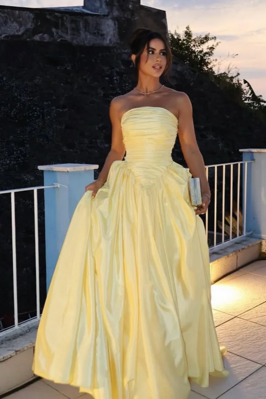 Yellow Dress For Wedding Guest Strapless A-Line Long Evening Dress Satin Formal Dress EW0801