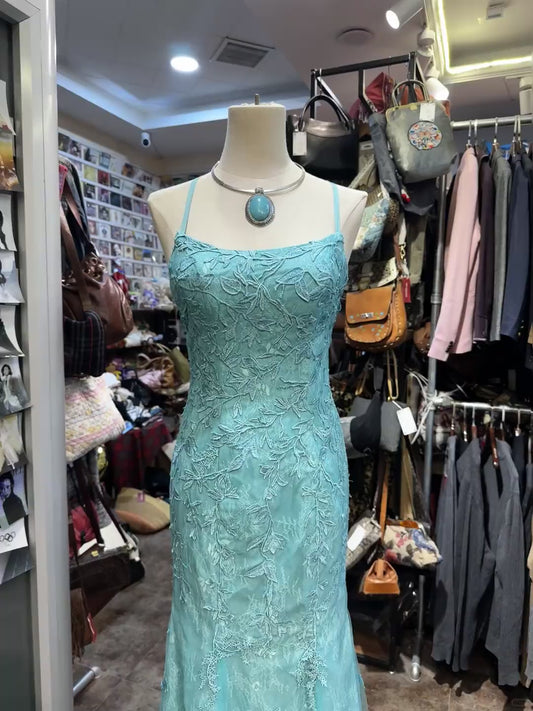 Gorgeous Turquoise Square Neck Mermaid Tulle Applique Long Prom Dresses Backless Formal Evening Gowns ED02554